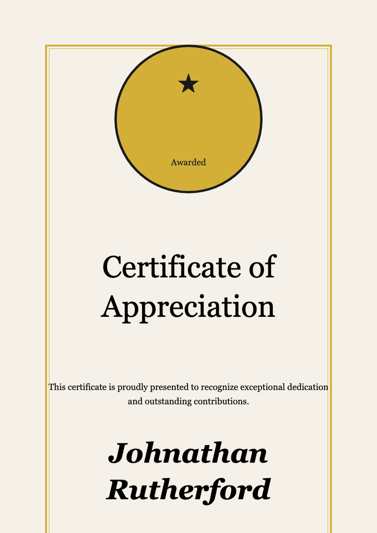 Elegant certificate of appreciation with gold seal and black border_variant_3